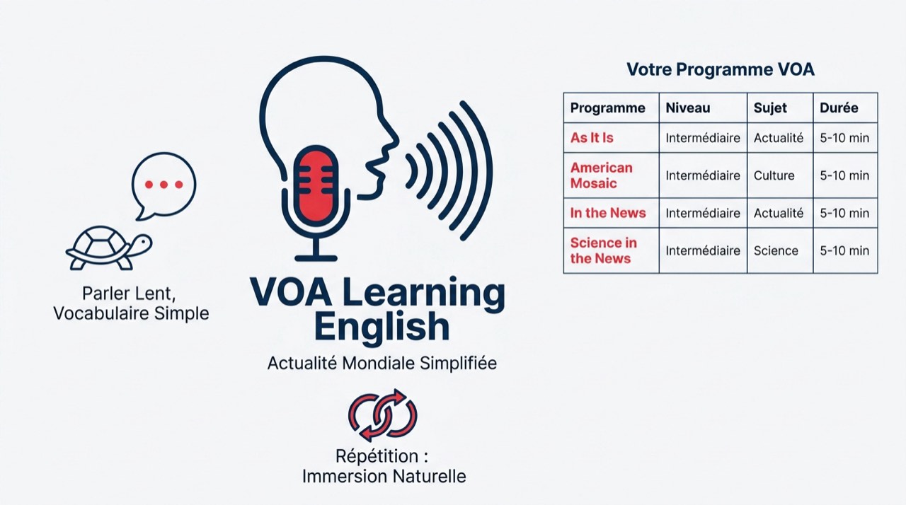 Infographie présentant les différents programmes de Voice of America pour apprendre l'anglais