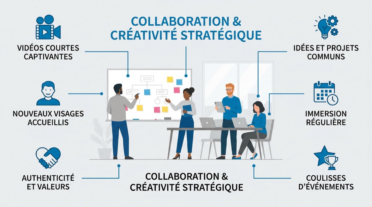 Infographie illustrant la collaboration et la créativité stratégique au sein d'une équipe