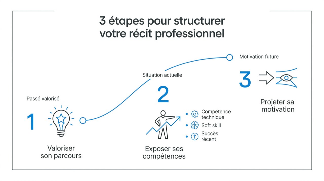 Schéma des trois étapes clés pour structurer son pitch d'entretien d'embauche