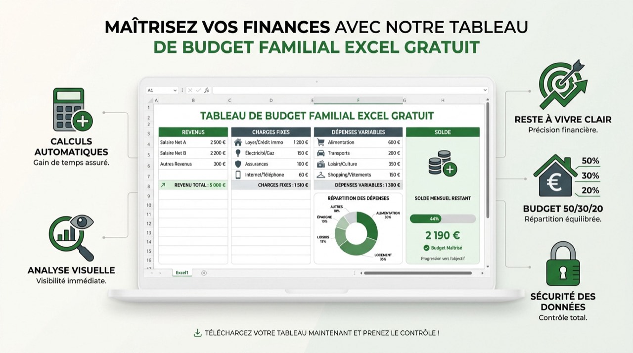 Tableau de bord Excel pour la gestion du budget familial avec graphiques de dépenses
