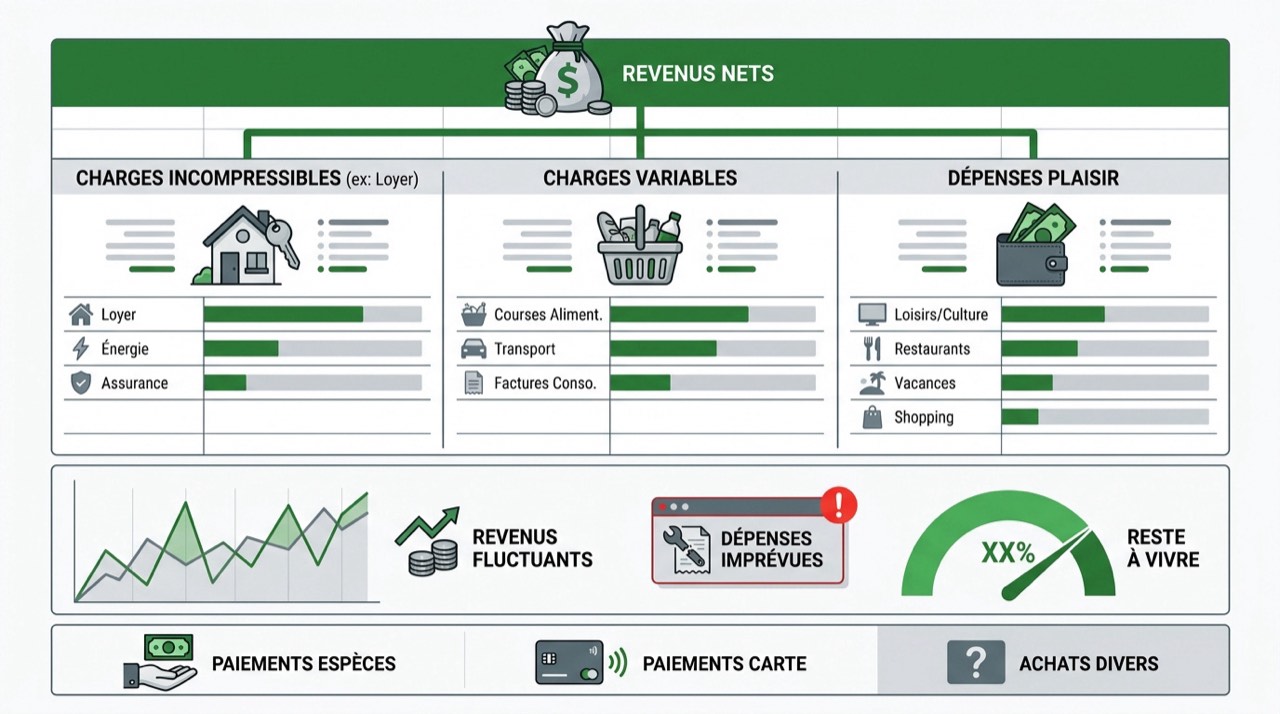 Infographie détaillant la répartition des revenus et des dépenses pour un tableau de budget familial Excel gratuit