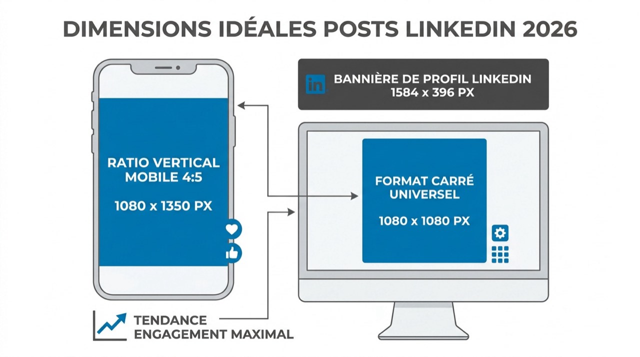 Infographie récapitulant la taille d'un post LinkedIn 2026 : nombre de caractères et dimensions image
