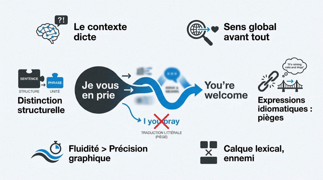 Schéma illustrant la transition entre le sens d'une phrase française et sa fluidité en anglais