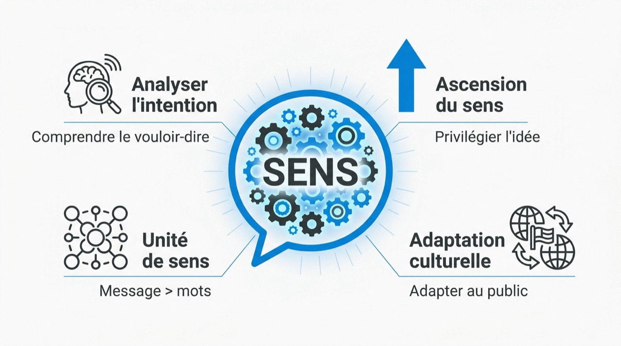 Illustration du processus de compréhension du sens global lors d'une traduction du français vers l'anglais
