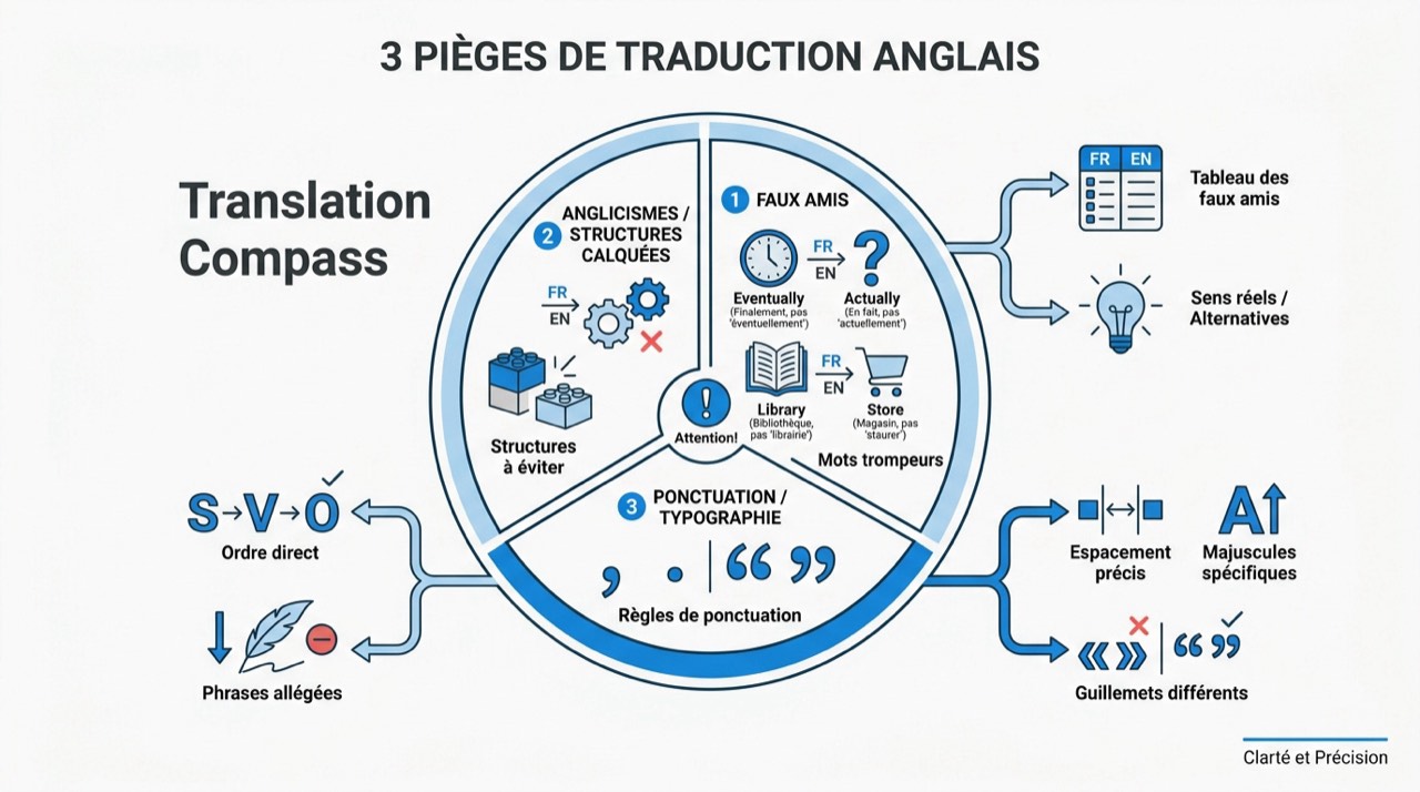 Illustration des pièges de traduction entre le français et l'anglais concernant les faux amis et la syntaxe
