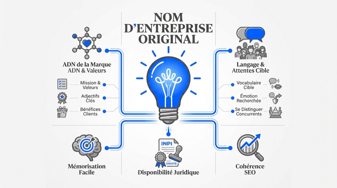 Schéma des piliers stratégiques pour créer un nom d'entreprise original